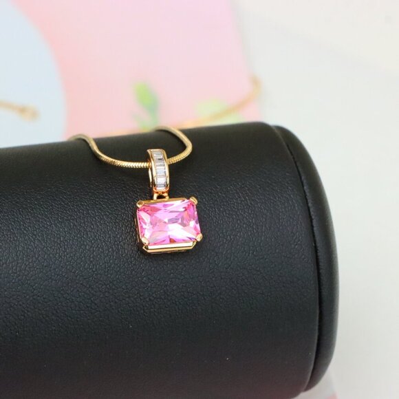 "Chic Pink Emerald Cut Pendant with Baguette Bail in Rose Gold Tone, XPPT1780 - Picture 4 of 13